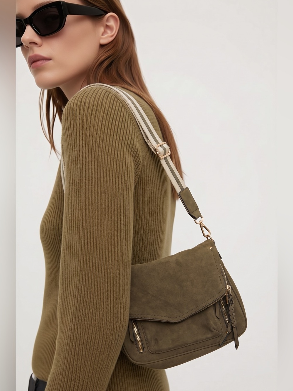 Olive Suede Crossbody Shoulder Bag - Women